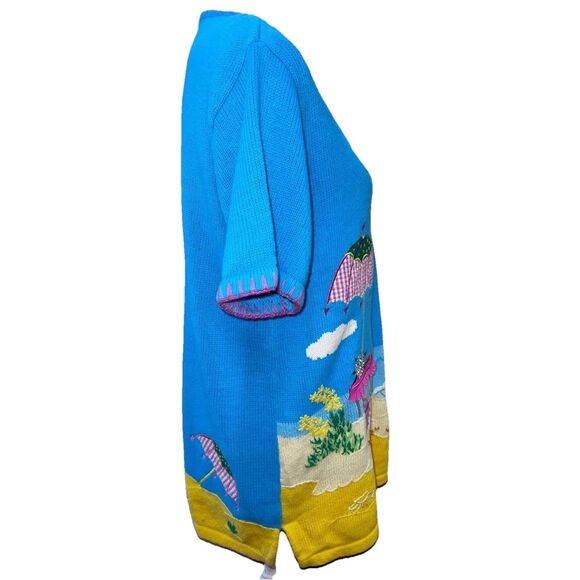 Vintage Beach Scene Knit Sweater Blue Summer Embroidered novelty Tunic Top Sz S - Picture 4 of 9